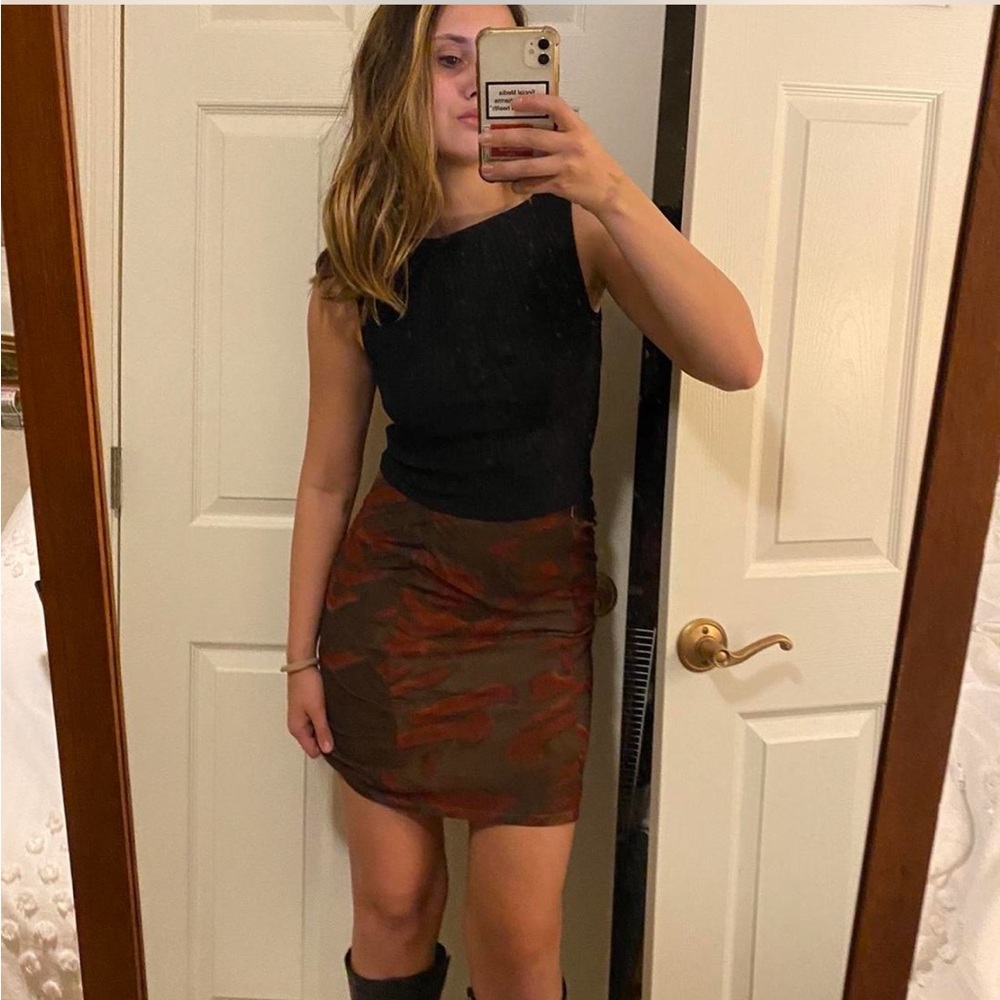 With Jean Olive Green and Rust Camo Midi Skirt